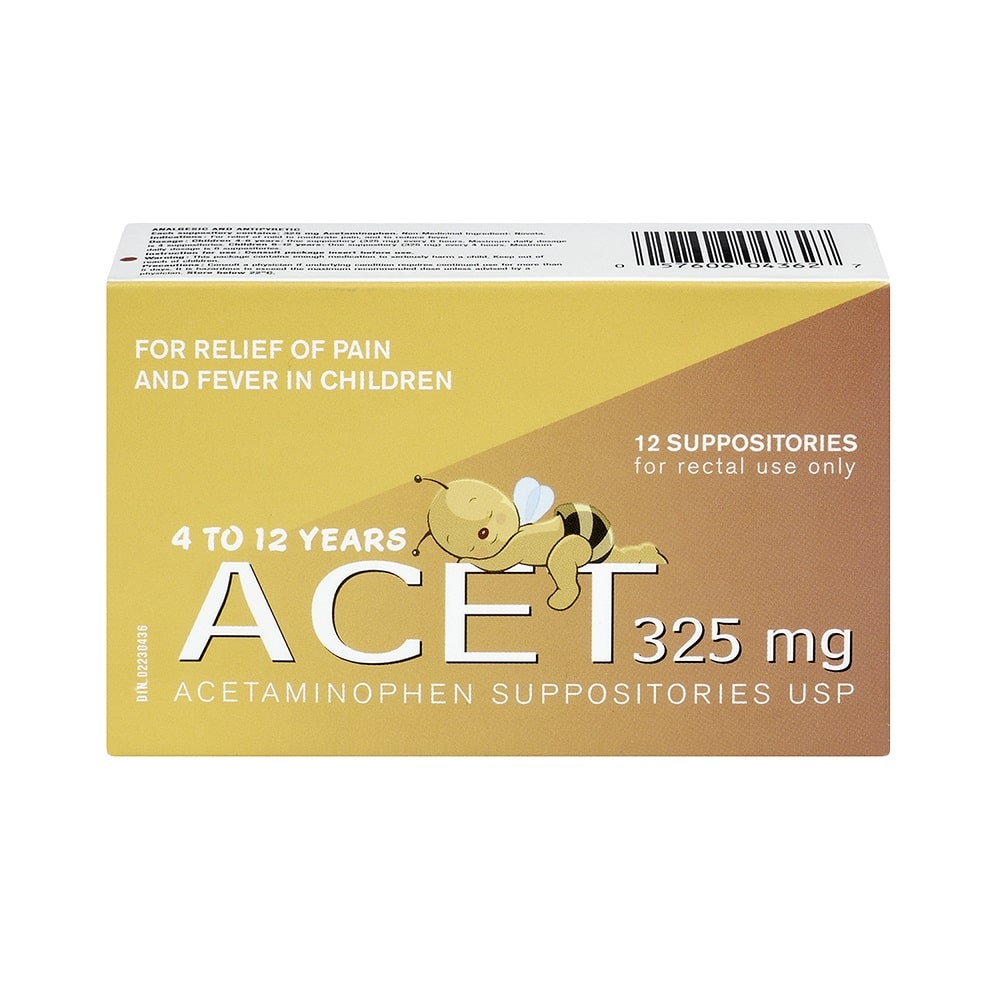 Product label for ACET-325 325 mg Suppositories for Children (12 suppositories) in English