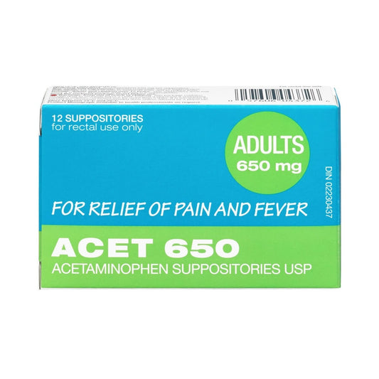 Product label for ACET-650 650 mg Suppositories for Adults and Children 12+ (12 suppositories)