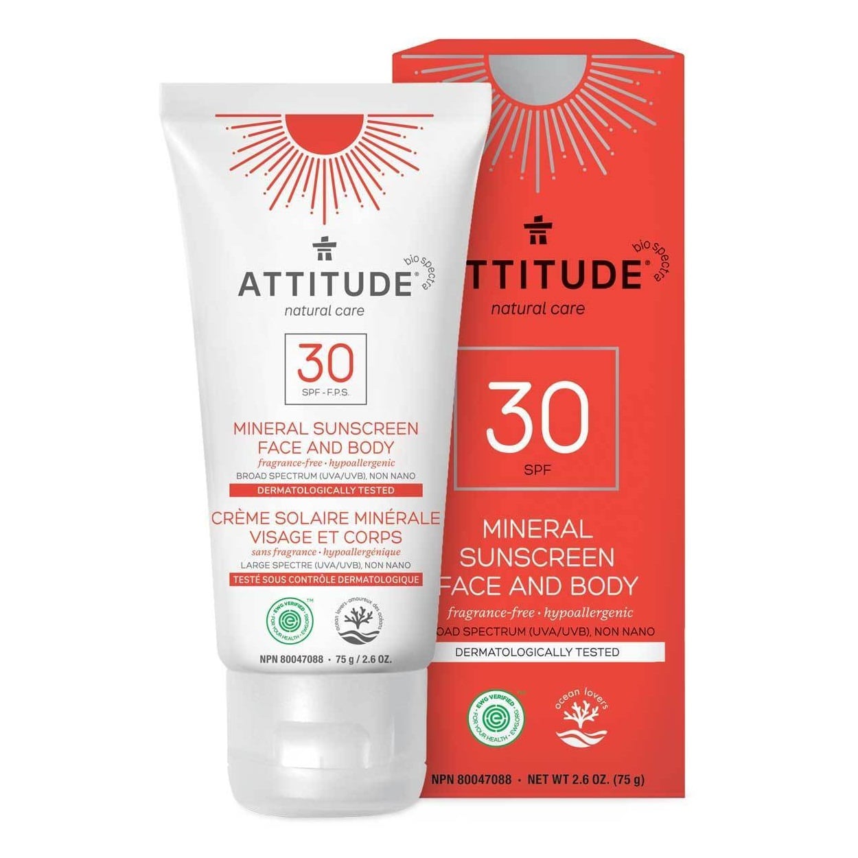 Product label for ATTITUDE Face Moisturizer Mineral Sunscreen SPF30 (75g)