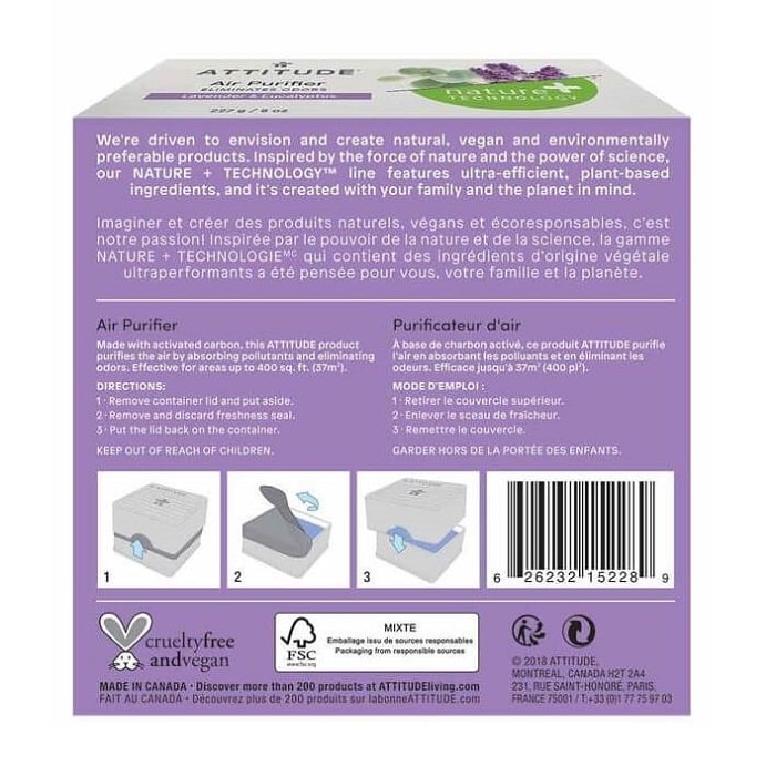 Description and directions for ATTITUDE Nature+ Air Purifier - Lavender and Eucalyptus (227 grams)