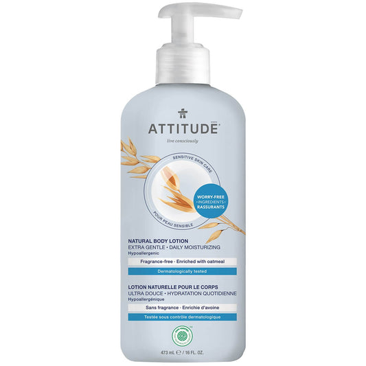 Product label for ATTITUDE Sensitive Skin Natural Body Lotion - Extra Gentle - Fragrance Free (473 mL)