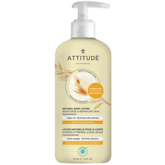 Product label for ATTITUDE Sensitive Skin Natural Body Lotion - Moisturize & Repair - Argan Oil (473 mL)
