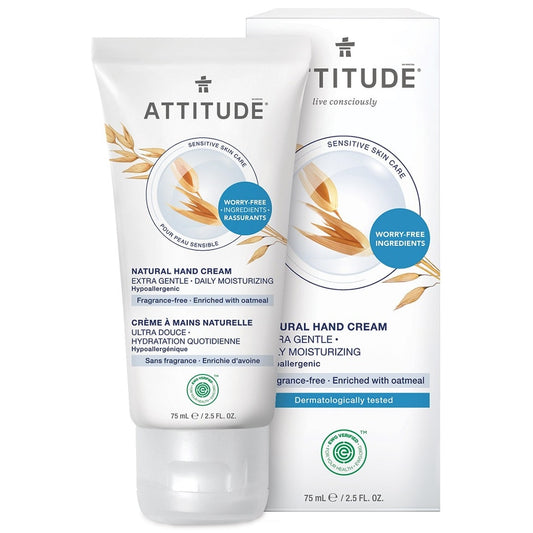 Product label for ATTITUDE Sensitive Skin Natural Hand Cream - Extra Gentle - Fragrance Free (75 mL)