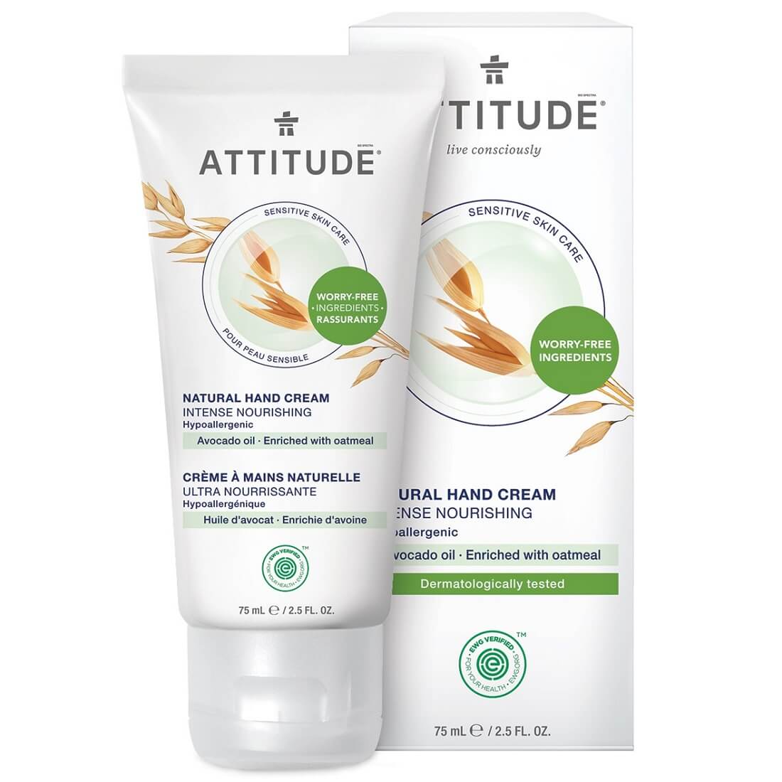 Product label for ATTITUDE Sensitive Skin Natural Hand Cream - Intense Nourishing - Avocado Oil (75 mL)
