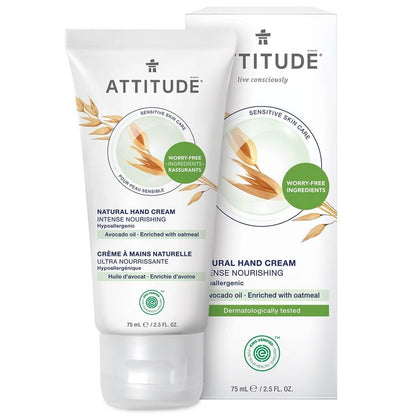Product label for ATTITUDE Sensitive Skin Natural Hand Cream - Intense Nourishing - Avocado Oil (75 mL)