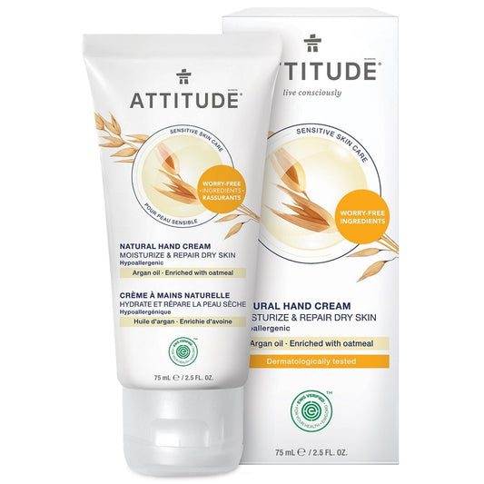 Product label for ATTITUDE Sensitive Skin Natural Hand Cream - Moisturize & Repair - Argan Oil (75 mL)