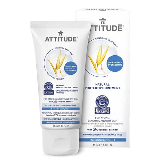 Product label for ATTITUDE Sensitive Skin Natural Protective Ointment - Eczema - Fragrance Free (75 mL)