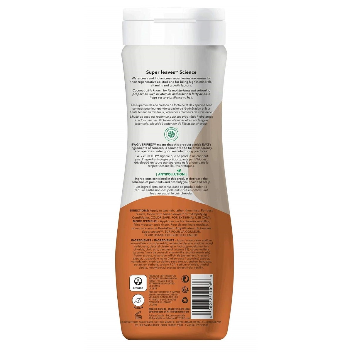 Description, directions, ingredients for ATTITUDE Super Leaves Curl Amplifying Shampoo with Coconut Oil (473 mL)