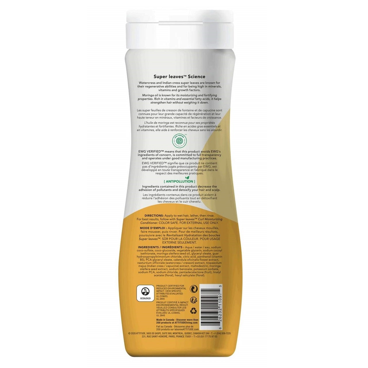 Description, directions, ingredients for ATTITUDE Super Leaves Curl Moisturizing Shampoo with Moringa Oil (473 mL)