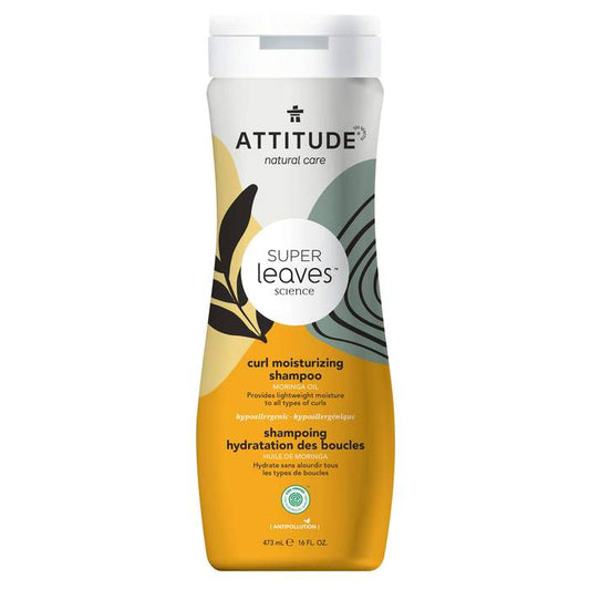 Product label for ATTITUDE Super Leaves Curl Moisturizing Shampoo with Moringa Oil (473 mL)