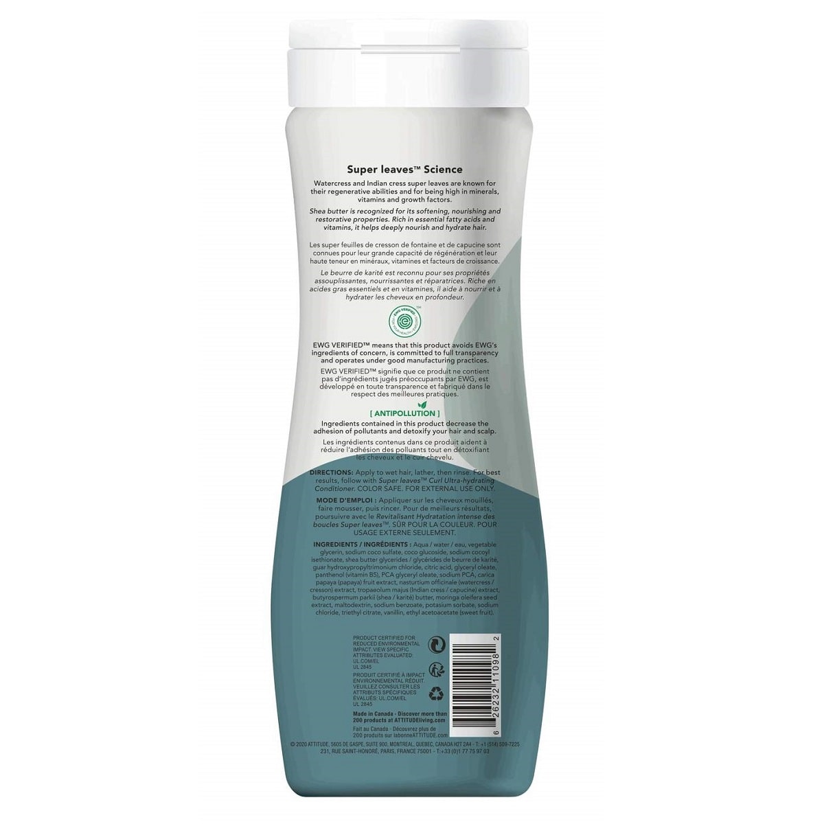 Description, ingredients, directions, and uses for ATTITUDE Super Leaves Curl Ultra-Hydrating Shampoo with Shea Butter (473 mL)