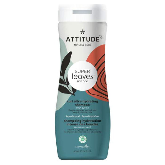 Product label for ATTITUDE Super Leaves Curl Ultra-Hydrating Shampoo with Shea Butter (473 mL) 