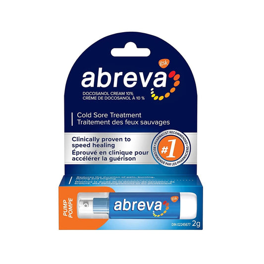 Product label for Abreva Cold Sore Treatment Pump Cream (2g)