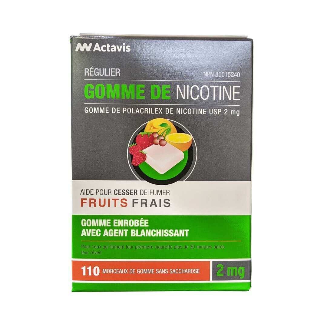 Product label for Actavis Regular Strength Nicotine Polacrilex Gum 2 mg (110 count) in French