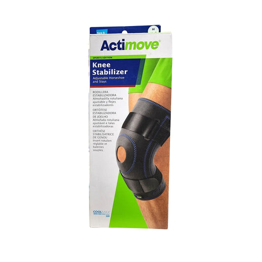 Product label for Actimove Knee Stabilizer with Adjustable Horseshoe and Stays (Medium)
