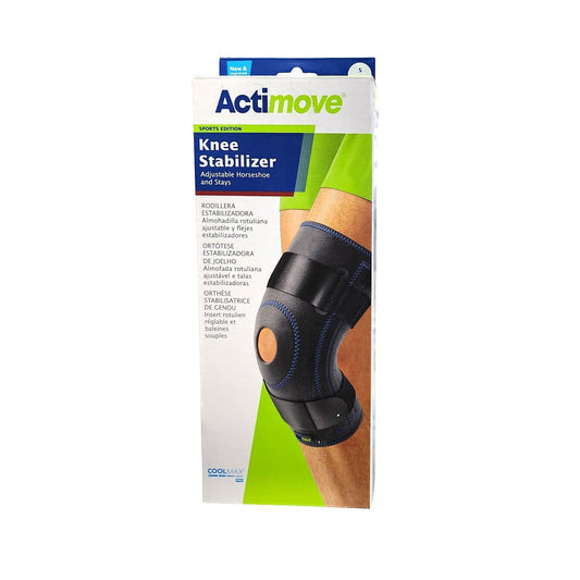 Product label for Actimove Knee Stabilizer with Adjustable Horseshoe and Stays (Small)