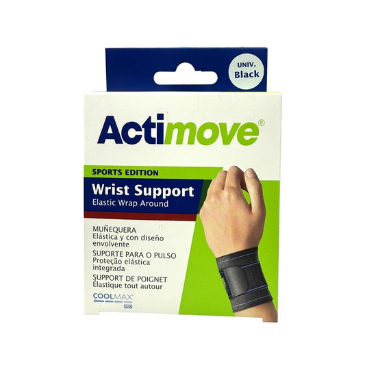 Product label for Actimove Wrap Around Wrist Support (Universal Size)