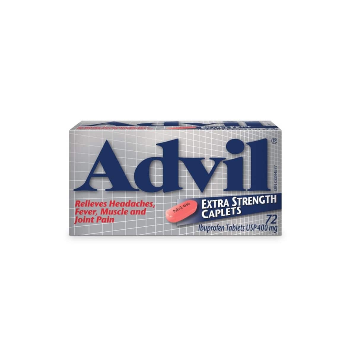 Product label for Advil Extra Strength Ibuprofen 400mg (72 Caplets) in ENglish 