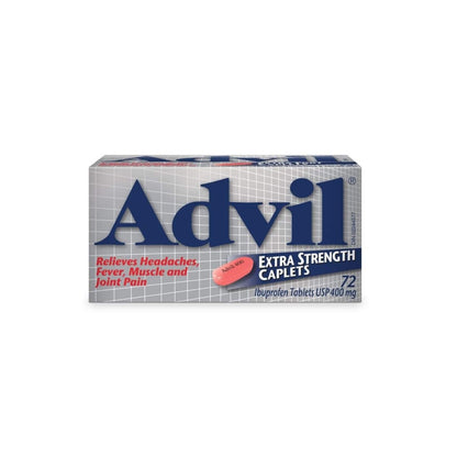 Product label for Advil Extra Strength Ibuprofen 400mg (72 Caplets) in ENglish 