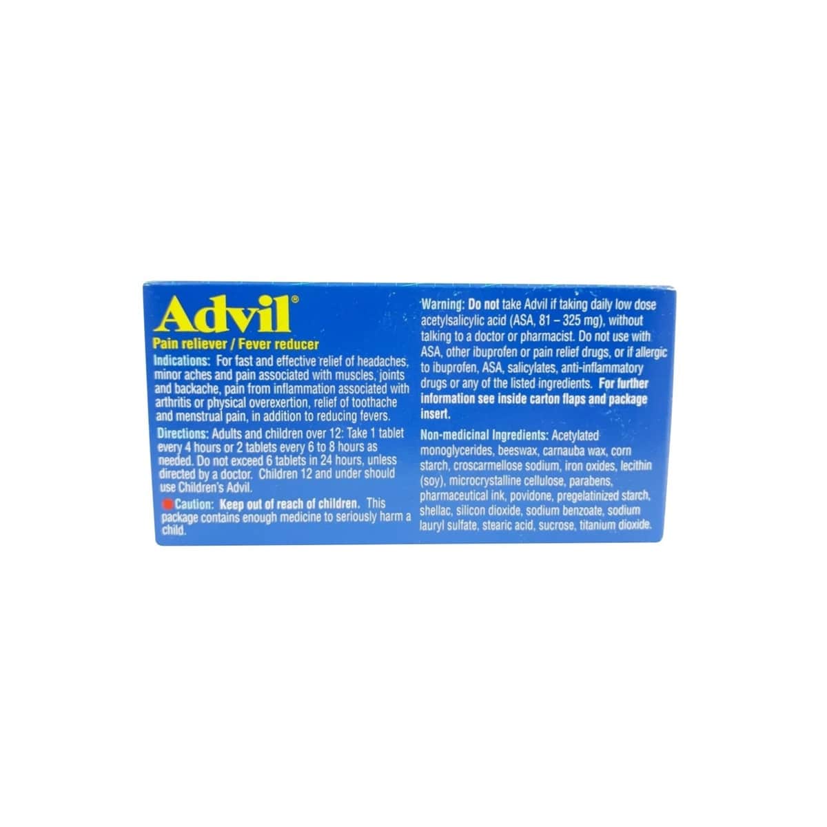 Indications, directions, warnings, Ingredients for Advil Ibuprofen 200 mg (150 Tablets) in ENglish