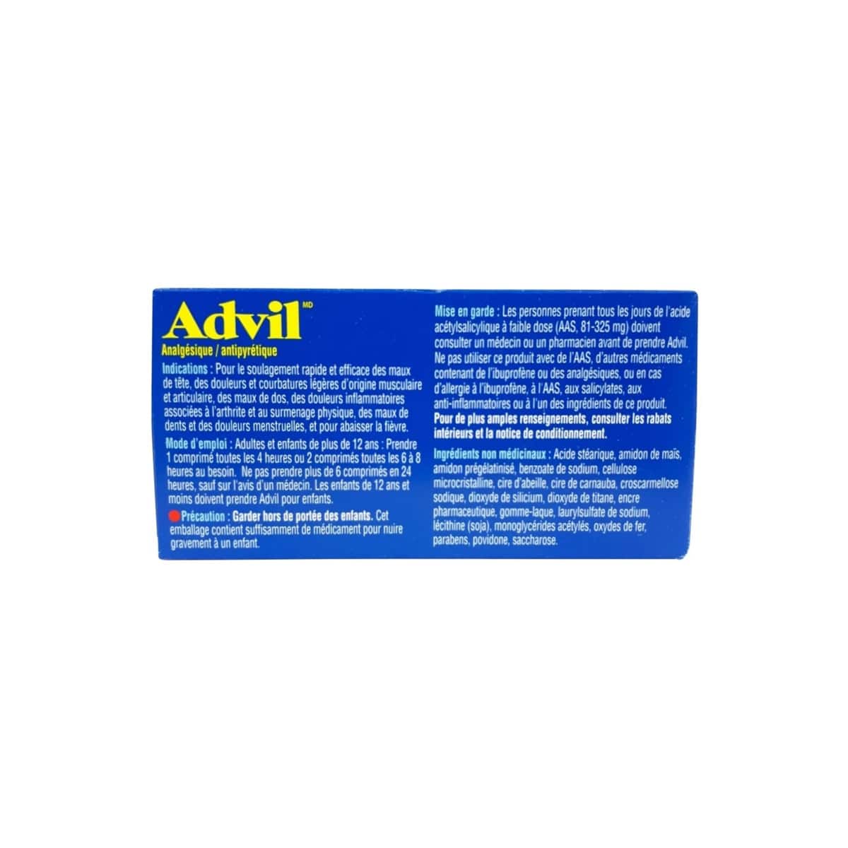 Indications, directions, warnings, Ingredients for Advil Ibuprofen 200 mg (150 Tablets) in French