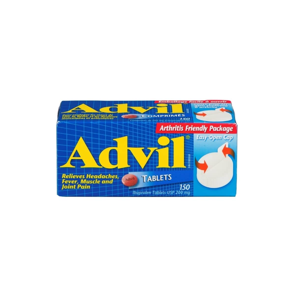 Product label for Advil Ibuprofen 200 mg (150 Tablets)