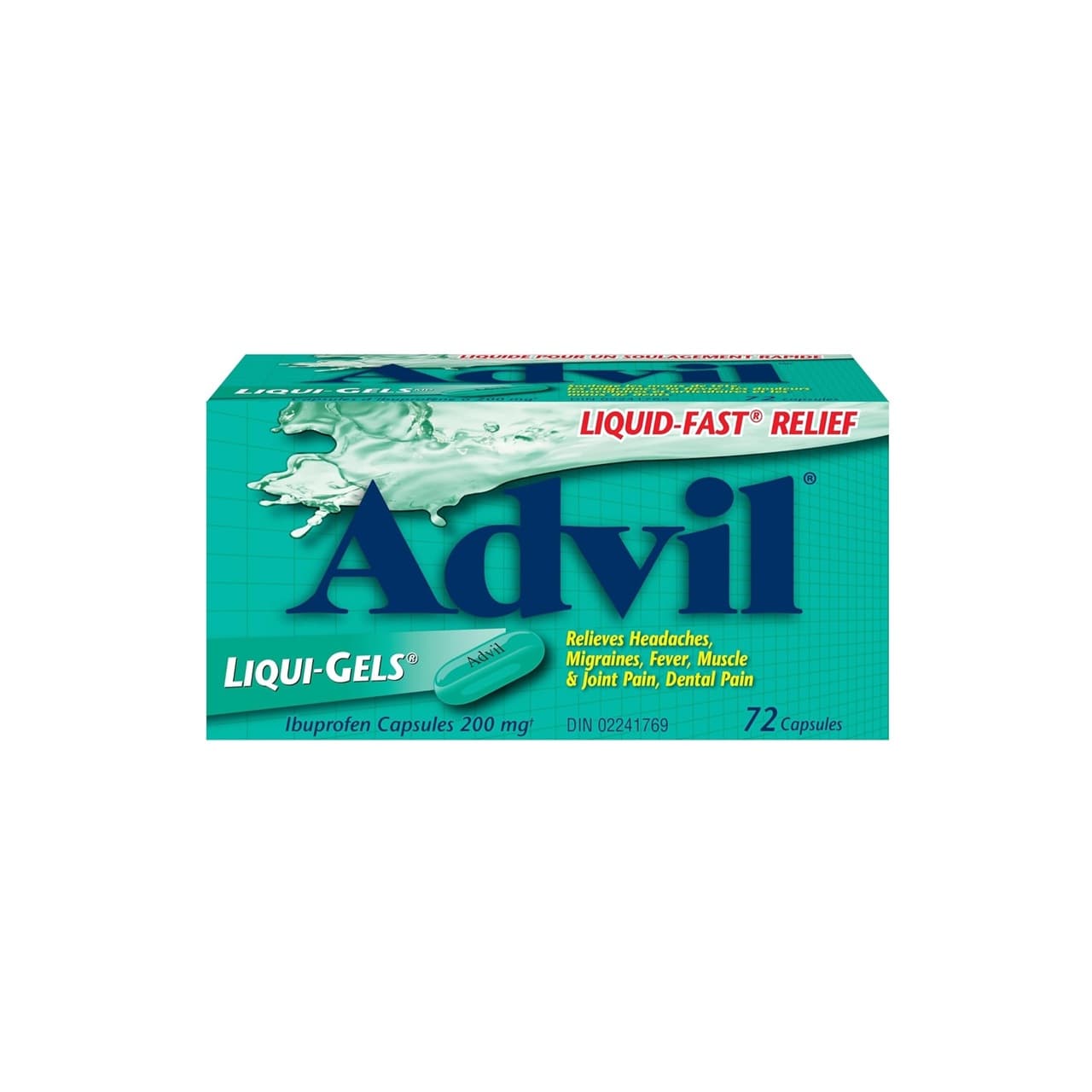 Product label for Advil Ibuprofen 200 mg (72 Gel Capsules) in English