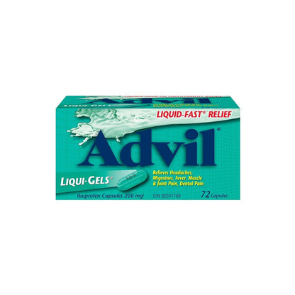 Product label for Advil Ibuprofen 200 mg (72 Gel Capsules) in English