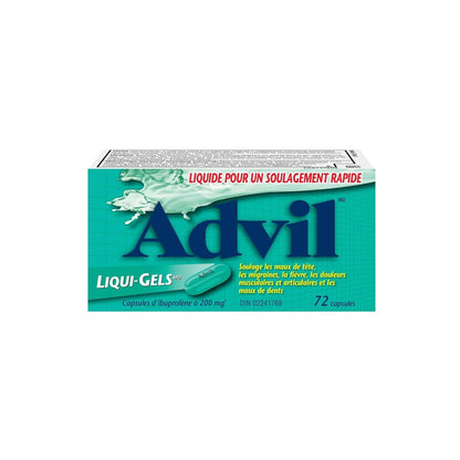 Product label for Advil Ibuprofen 200 mg (72 Gel Capsules) in French