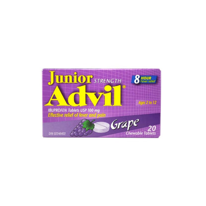 Product label for Advil Junior Strength Ibuprofen 100 mg Grape Flavour Chewables (20 Tablets) in English