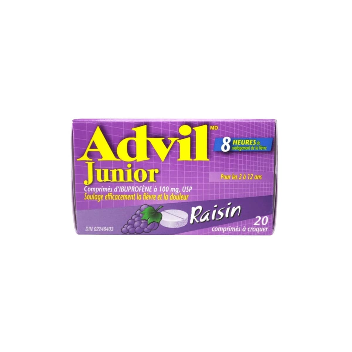 Product label for Advil Junior Strength Ibuprofen 100 mg Grape Flavour Chewables (20 Tablets) in French