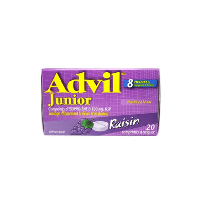 Product label for Advil Junior Strength Ibuprofen 100 mg Grape Flavour Chewables (20 Tablets) in French
