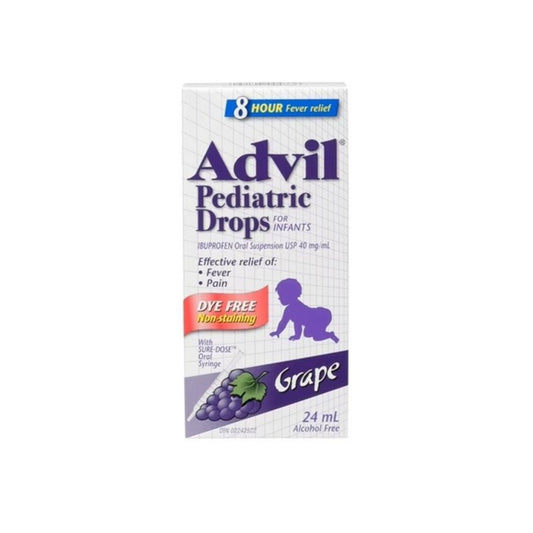 Product label for Advil Pediatric Drops Dye Free Grape Flavour (Ages 4 months to 3 years) (24 mL)
