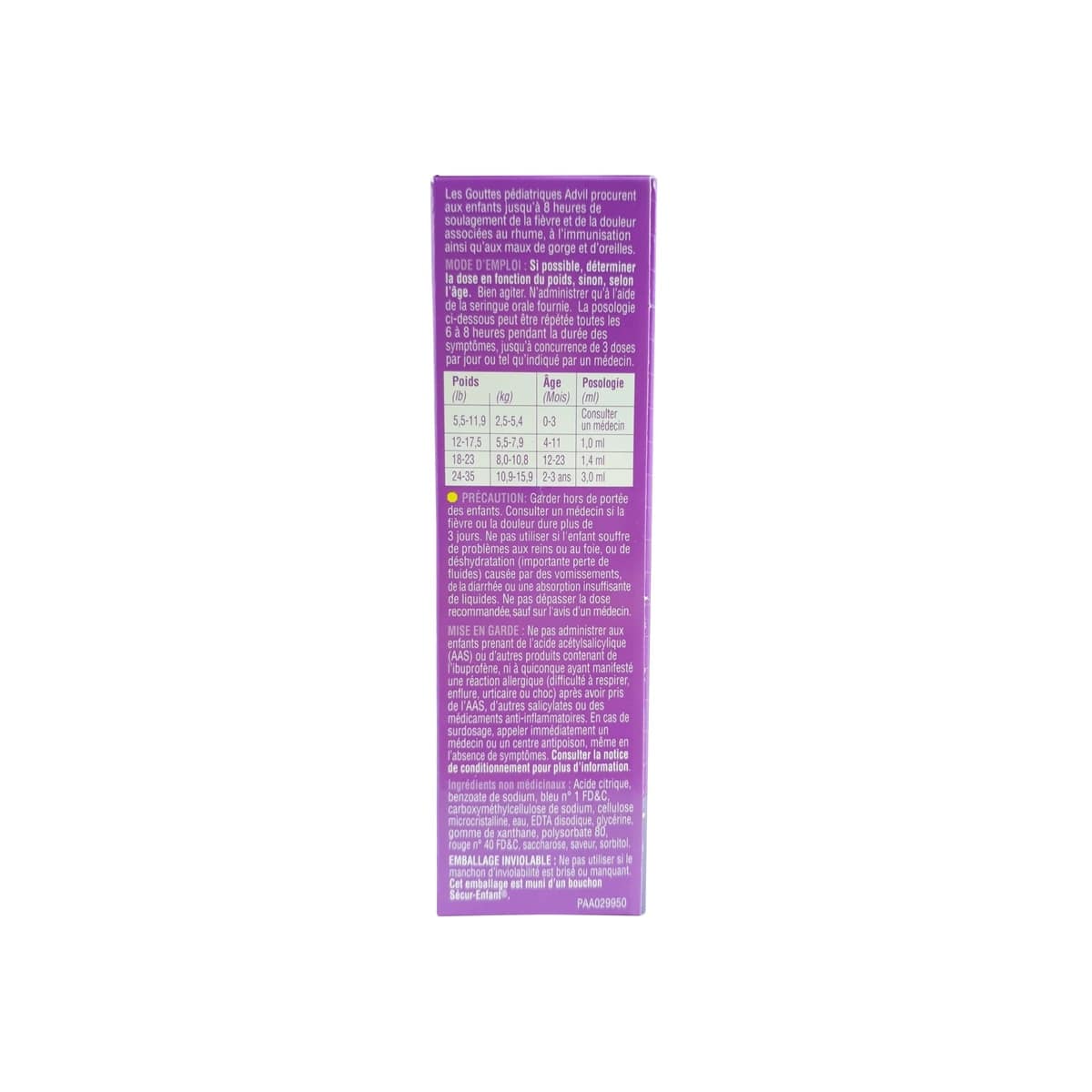 Description, directions, cautions, ingredients for Advil Pediatric Drops Grape Flavour (Ages 4 months to 3 years) (24 mL) in French