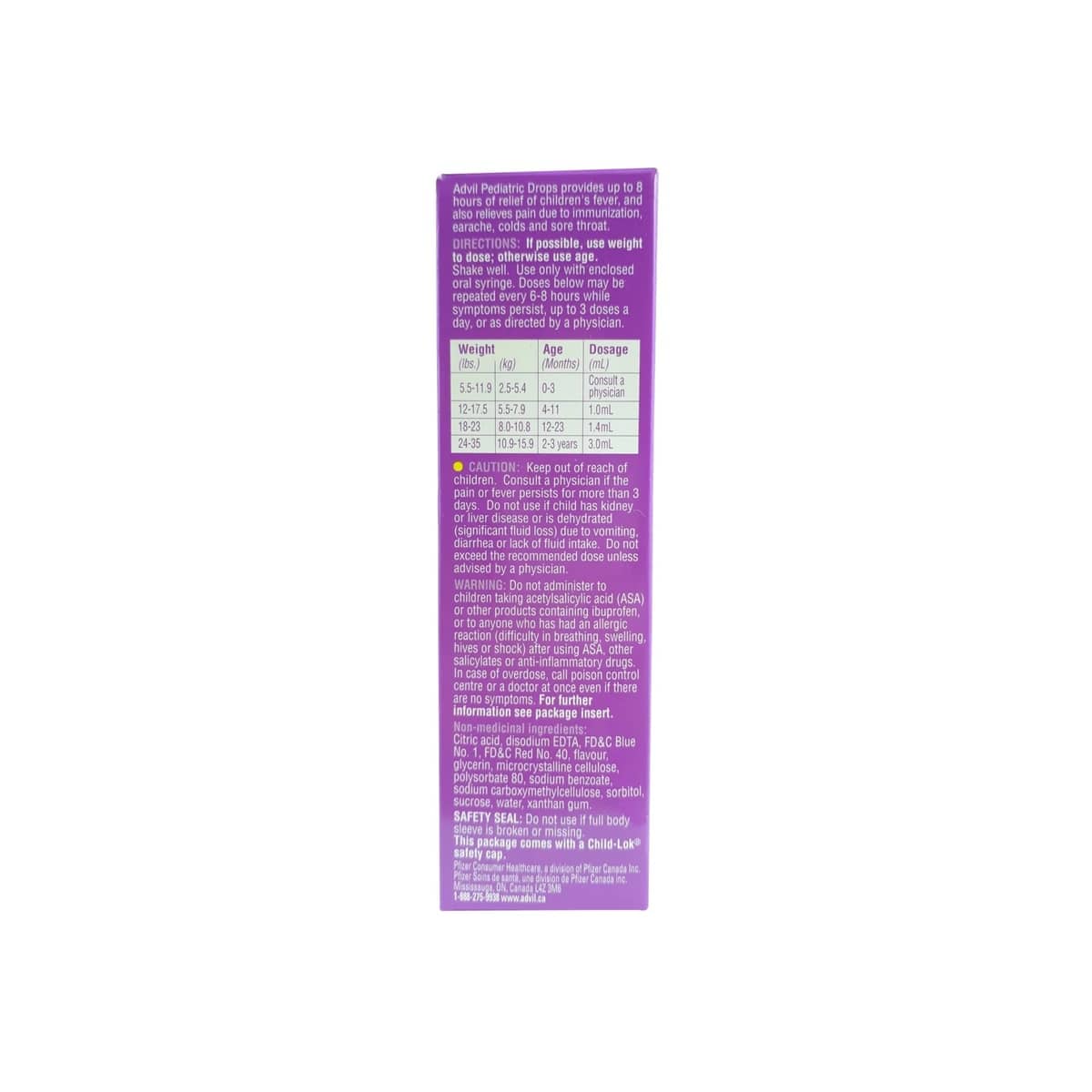 Description, directions, cautions, ingredients for Advil Pediatric Drops Grape Flavour (Ages 4 months to 3 years) (24 mL) in English