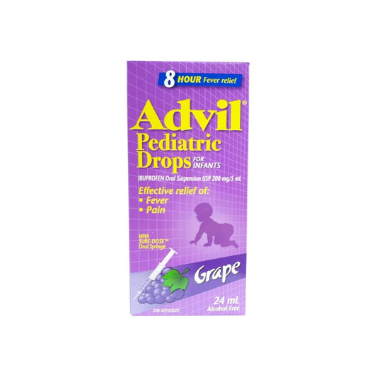 Product label for Advil Pediatric Drops Grape Flavour (Ages 4 months to 3 years) (24 mL) in English