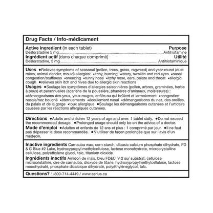 Drug facts label for a medication with active ingredient Desloratadine 5 mg on a white background.