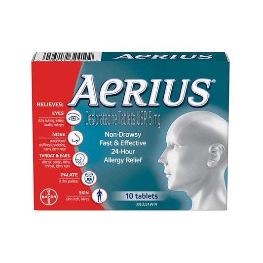 Product label for Aerius Desloratadine 5mg (10 Tablets)