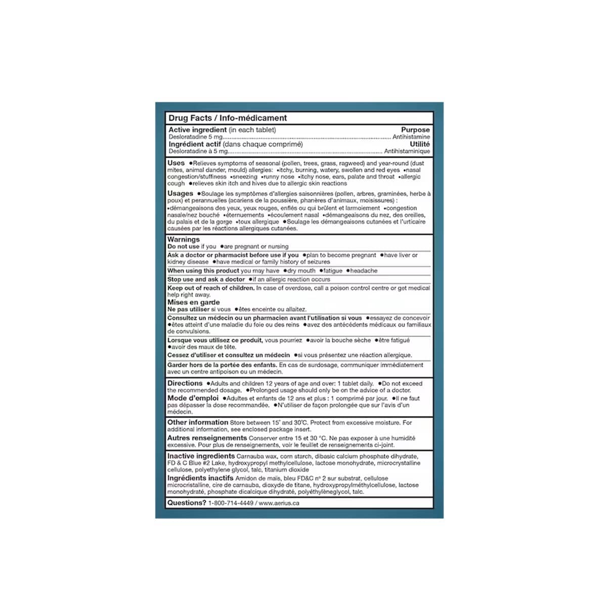 Product info for Aerius Desloratadine 5mg (40 Tablets)