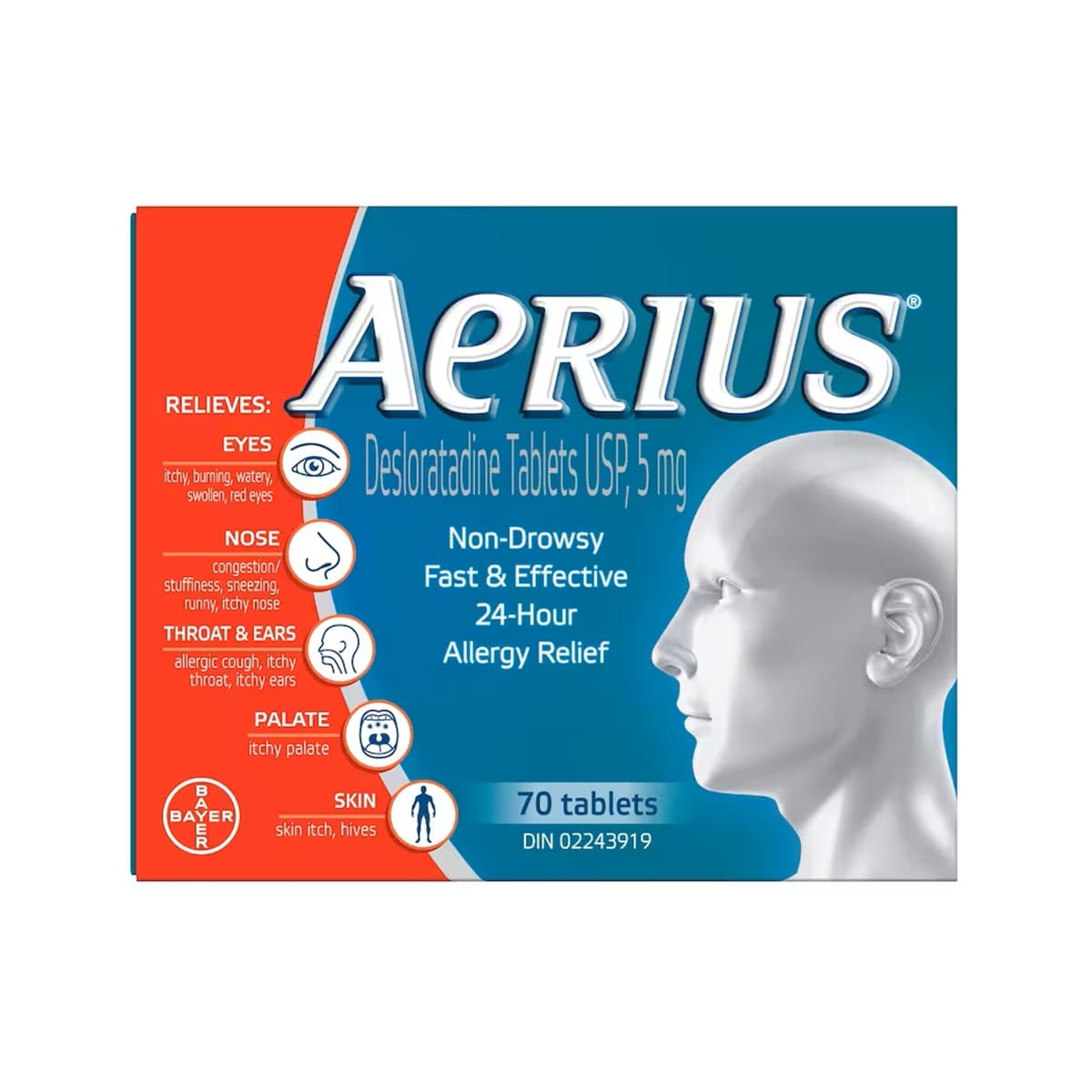 Product label for Aerius Desloratadine 5mg (70 Tablets)