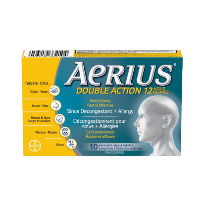 Product label for Aerius Double Action 12 Hour (10 Tablets)