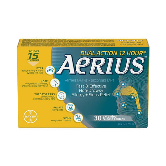 Product label for Aerius Double Action 12 Hour (30 Tablets)