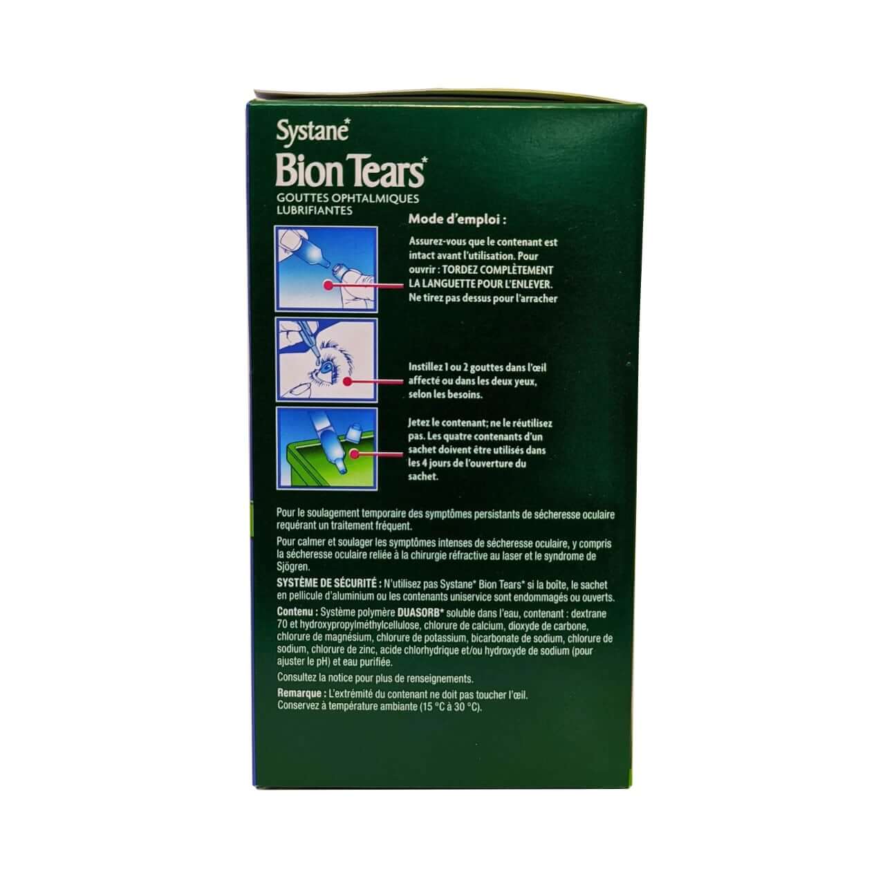Product details, directions, and ingreients for Alcon Systane Bion Tears in French