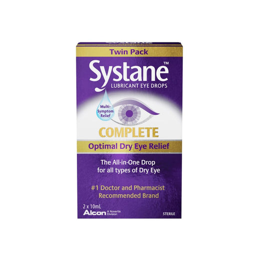 Product label for Alcon Systane Complete Lubricant Eye Drops (2 x 10 mL)