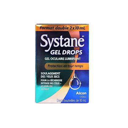 Product label for Alcon Systane Gel Drops Lubricant Eye Gel (2 x 10 mL) in French