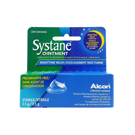 Product label for Alcon Systane Lubricant Eye Ointment Nighttime Relief (3.5 grams)
