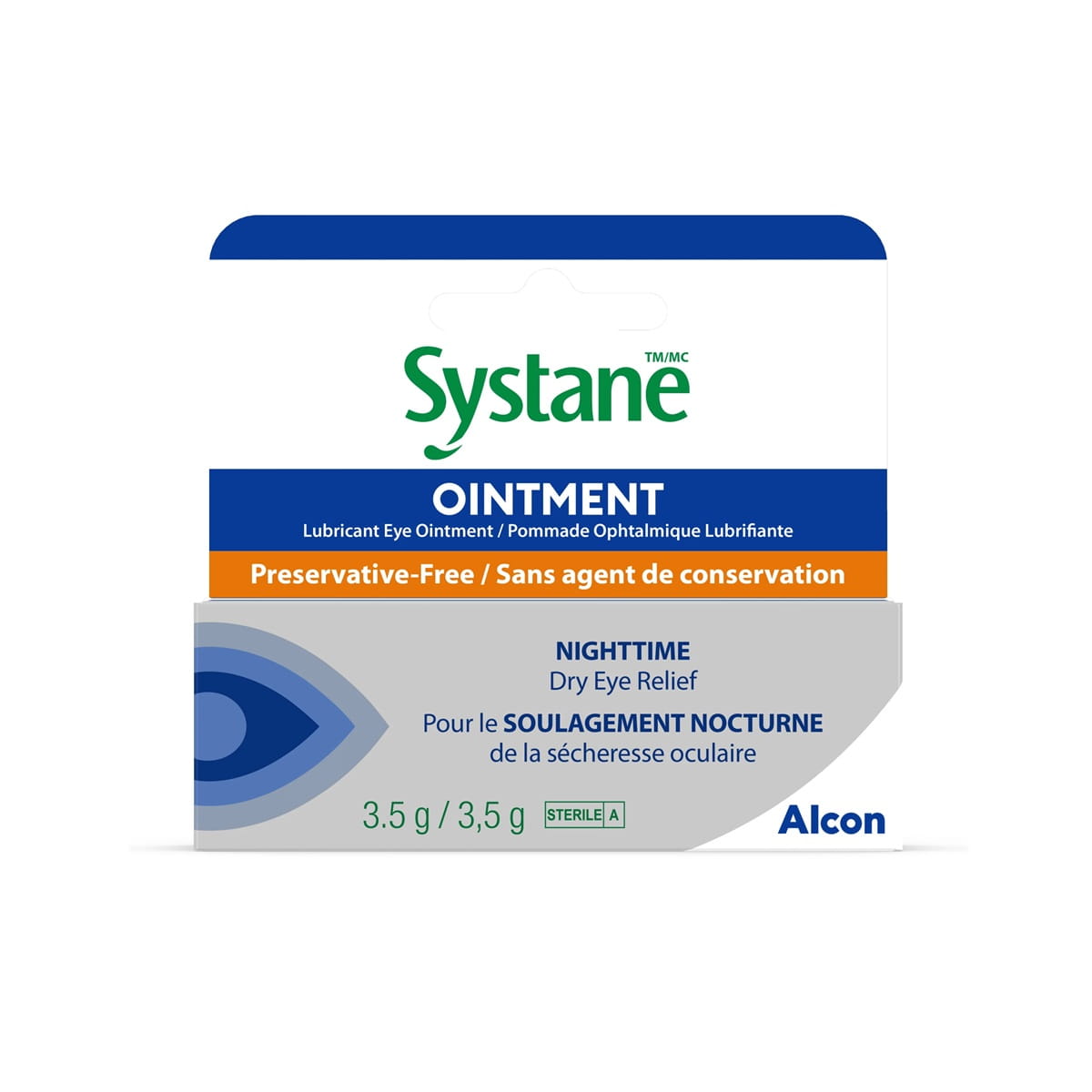 Product label for Alcon Systane Lubricant Eye Ointment Nighttime Relief (3.5 grams)