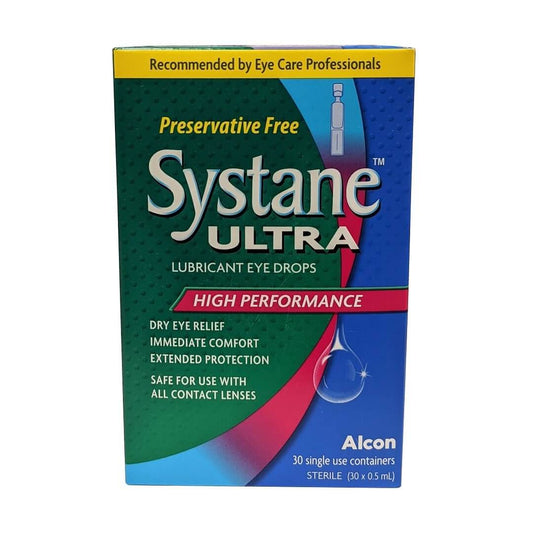 Product label for Alcon Systane Ultra High Performance Lubricant Eye Drops (30 x 0.5 mL) in English