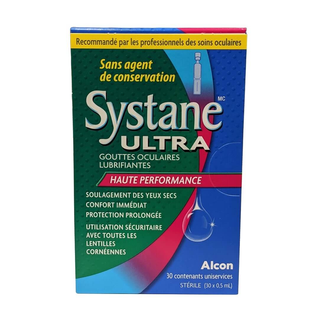 Product label for Alcon Systane Ultra High Performance Lubricant Eye Drops (30 x 0.5 mL) in French