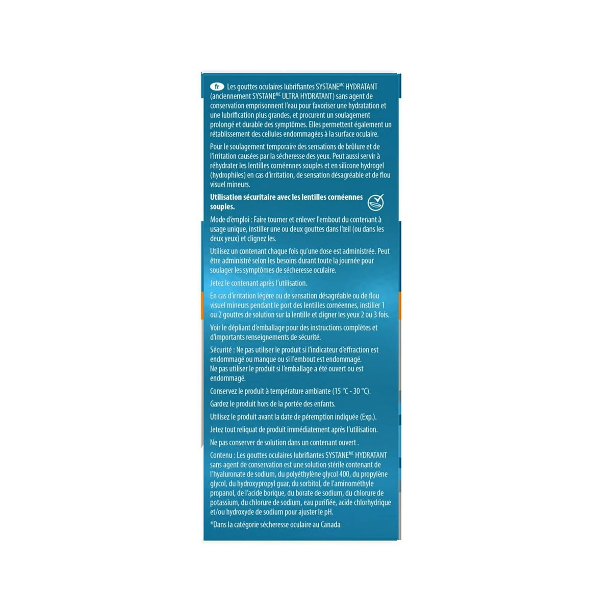 Description for Alcon Systane Ultra Hydration Lubricant Eye Drops (30 x 0.7 mL) in French